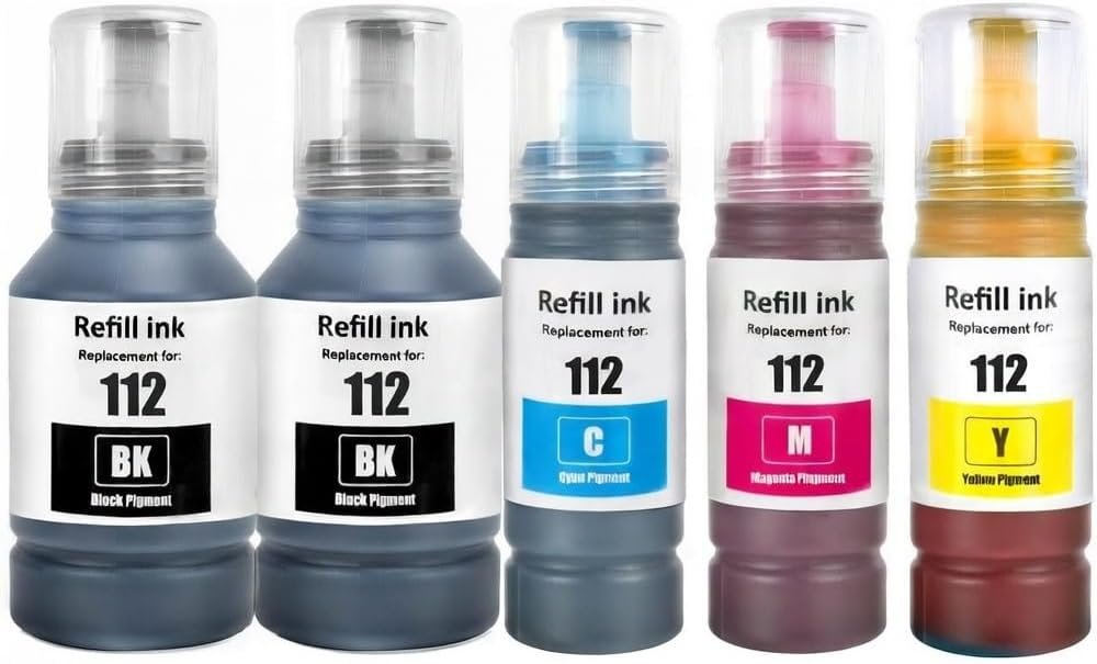  Ink 112 for EPSON EcoTank 5-Pack Combo Set Black Cyan Magenta Yellow Compatible with L6550 L6570 L6580 L11160 L15150 L15160 M15140 Water Based Dye Ink 